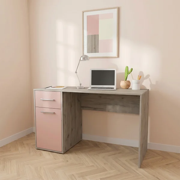 Scrivania 130x60 cm 1 anta 1 cassetto bianco frassinato rosa Bra