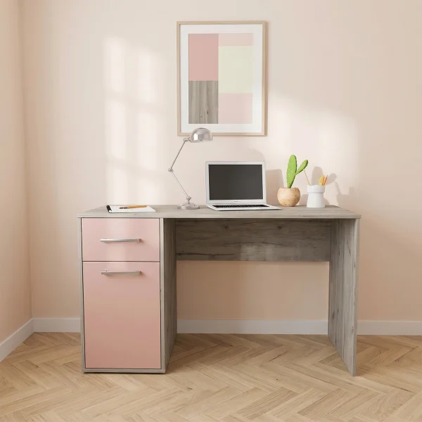Scrivania 130x60 cm 1 anta 1 cassetto bianco frassinato rosa Bra
