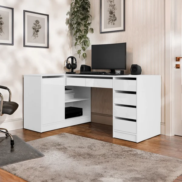 Scrivania angolare ufficio 158x98cm 1 anta 5 cassetti bianco lucido Blackpool