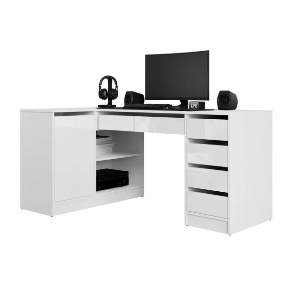 Scrivania angolare ufficio 158x98cm 1 anta 5 cassetti bianco lucido Blackpool