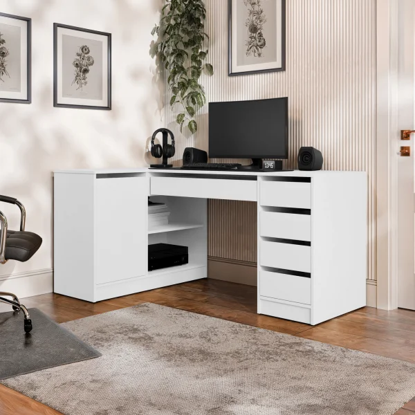 Scrivania angolare ufficio 158x98cm 1 anta 5 cassetti bianco opaco Blackpool