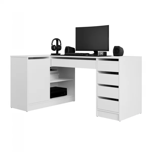 Scrivania angolare ufficio 158x98cm 1 anta 5 cassetti bianco opaco Blackpool