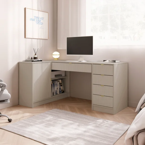 Scrivania angolare ufficio 158x98cm 1 anta 5 cassetti cannettato beige Athena