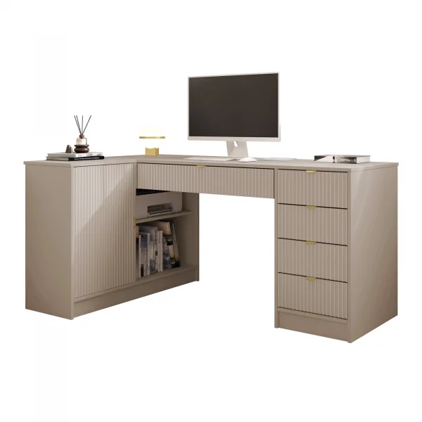 Scrivania angolare ufficio 158x98cm 1 anta 5 cassetti cannettato beige Athena