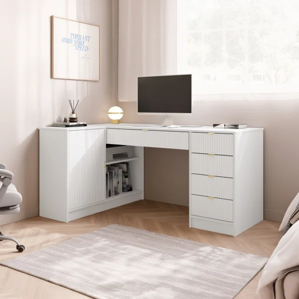 Scrivania angolare ufficio 158x98cm 1 anta 5 cassetti cannettato bianco Athena