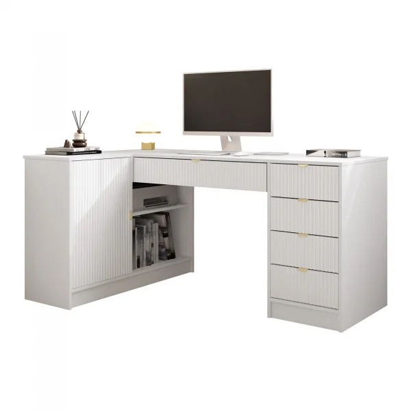 Scrivania angolare ufficio 158x98cm 1 anta 5 cassetti cannettato bianco Athena