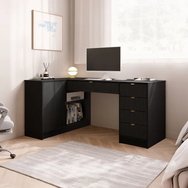 Scrivania angolare ufficio 158x98cm 1 anta 5 cassetti cannettato nero Athena
