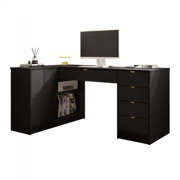 Scrivania angolare ufficio 158x98cm 1 anta 5 cassetti cannettato nero Athena
