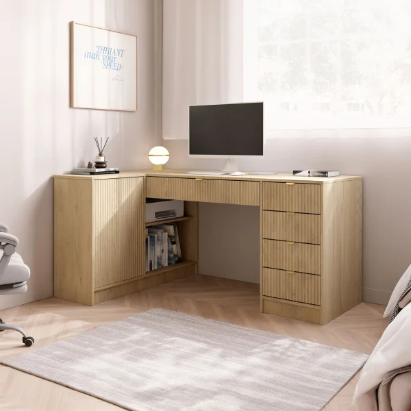 Scrivania angolare ufficio 158x98cm 1 anta 5 cassetti cannettato rovere Athena