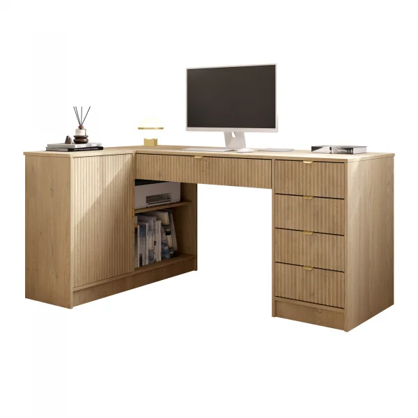 Scrivania angolare ufficio 158x98cm 1 anta 5 cassetti cannettato rovere Athena