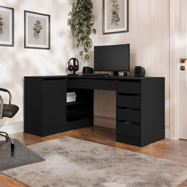 Scrivania angolare ufficio 158x98cm 1 anta 5 cassetti nero Blackpool