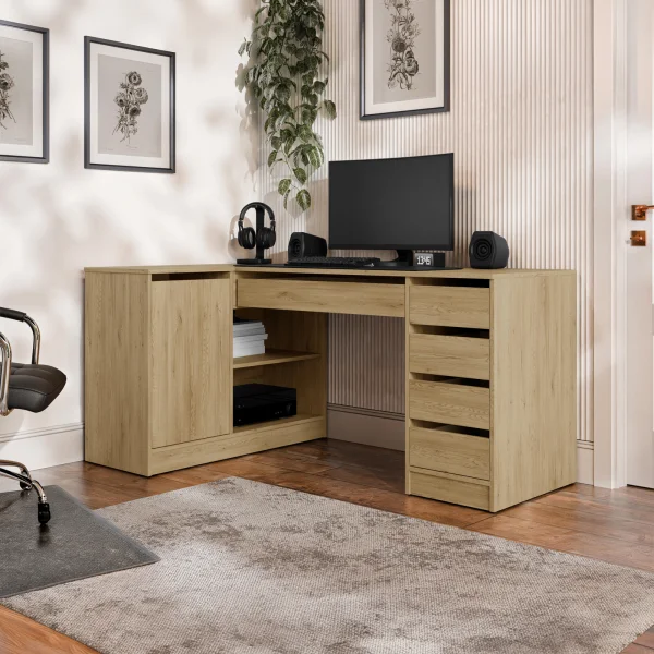 Scrivania angolare ufficio 158x98cm 1 anta 5 cassetti rovere rustico Blackpool