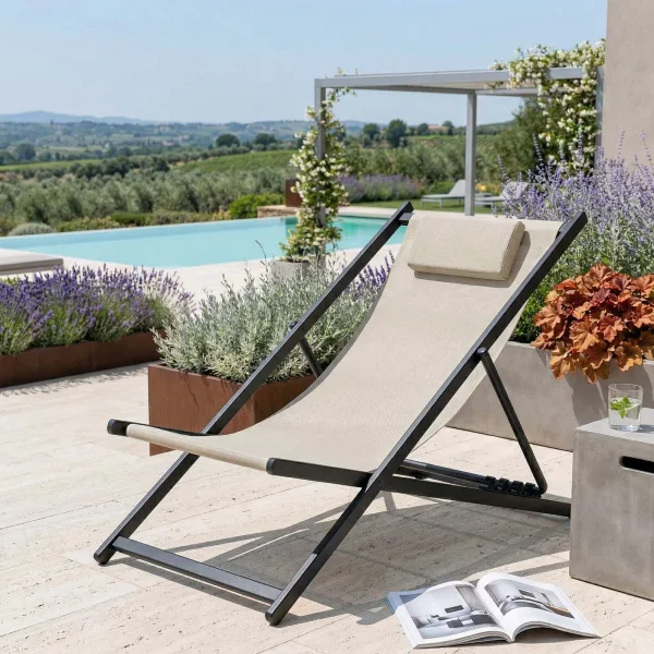 Sedia a sdraio pieghevole da giardino in alluminio antracite e textilene tortora Coralia