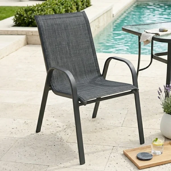 Sedia da giardino con braccioli impilabile in metallo nero e textilene antracite melange Nava