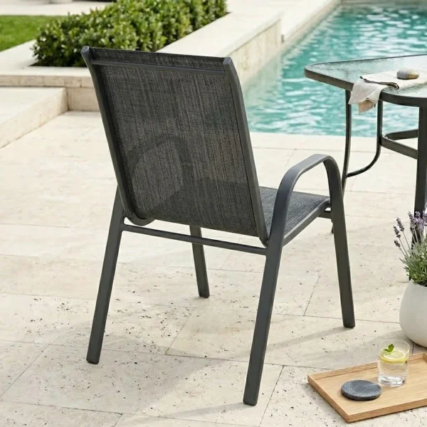 Sedia da giardino con braccioli impilabile in metallo nero e textilene antracite melange Nava