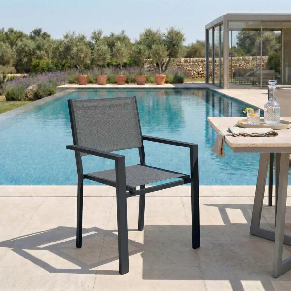 Sedia da giardino impilabile con braccioli quadrati in alluminio antracite e textilene grigio Helia