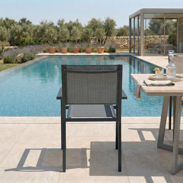 Sedia da giardino impilabile con braccioli quadrati in alluminio antracite e textilene grigio Helia