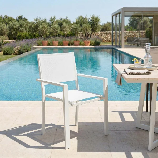 Sedia da giardino impilabile con braccioli quadrati in alluminio e textilene bianco Helia
