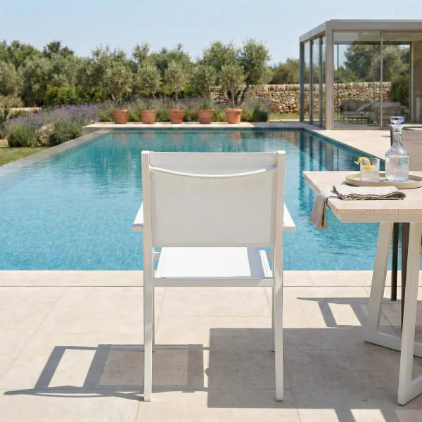 Sedia da giardino impilabile con braccioli quadrati in alluminio e textilene bianco Helia
