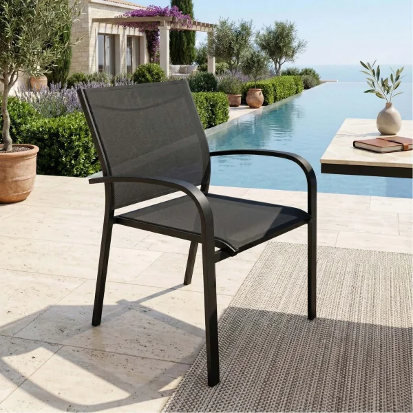 Sedia da giardino impilabile con braccioli tondi in alluminio antracite e textilene grigio Brezza