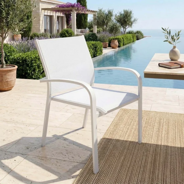 Sedia da giardino impilabile con braccioli tondi in alluminio e textilene bianco Brezza