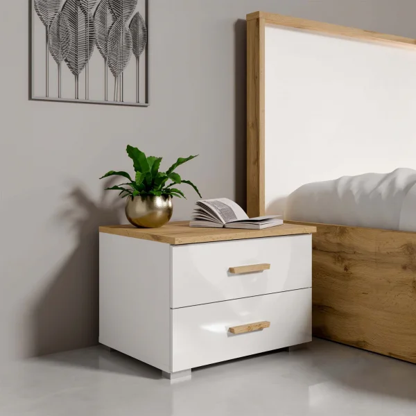 Set 2 comodini 46x35h cm 2 cassetti quercia bianco lucido Larry