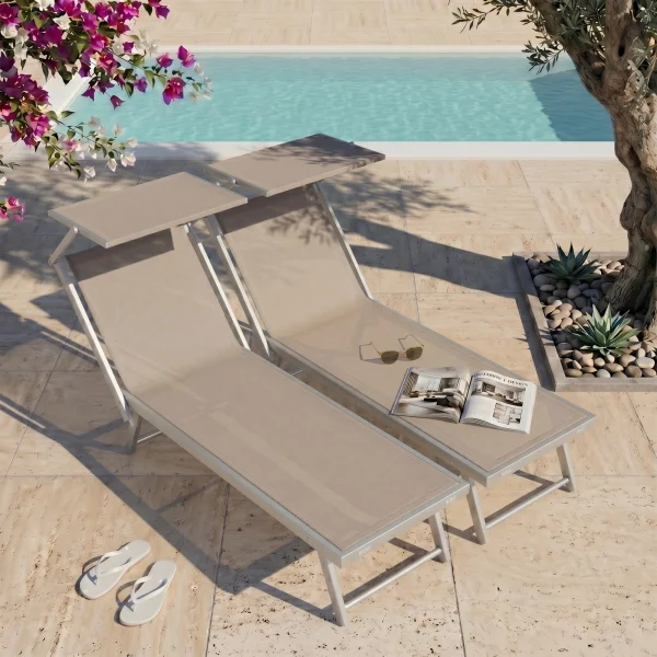Set 2 lettini prendisole reclinabili in alluminio e textilene beige con tettuccio Apollo