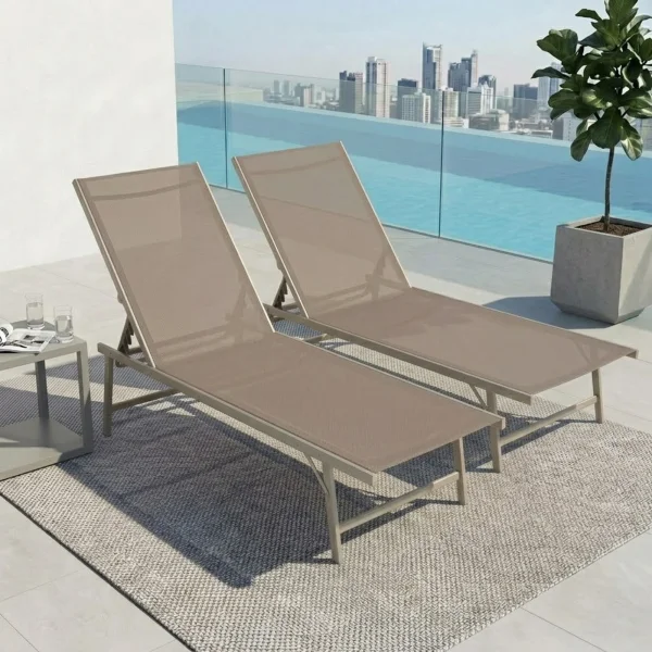 Set 2 lettini prendisole reclinabili pieghevoli in acciaio e textilene beige Solea