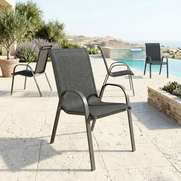 Set 4 sedie da giardino con braccioli impilabili in metallo nero e textilene antracite melange Nava