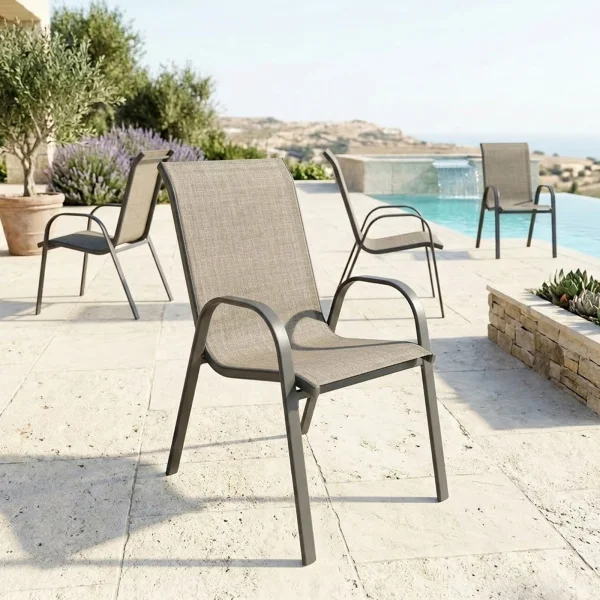 Set 4 sedie da giardino con braccioli impilabili in metallo nero e textilene beige Nava