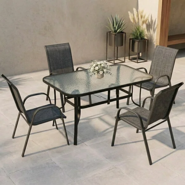 Set tavolo da giardino 150x90cm in vetro temperato + 4 sedie nero antracite Lumox
