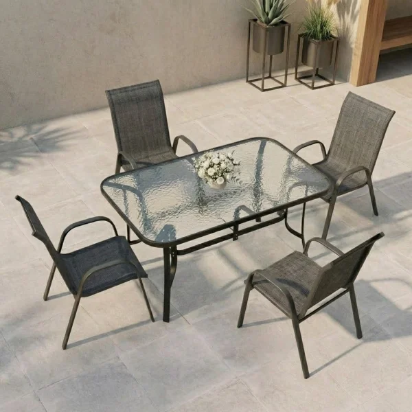 Set tavolo da giardino 150x90cm in vetro temperato + 4 sedie nero antracite Lumox
