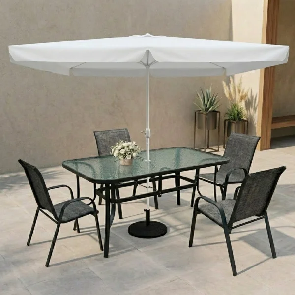 Set tavolo da giardino 150x90cm in vetro temperato + 4 sedie nero antracite + ombrellone Lumox