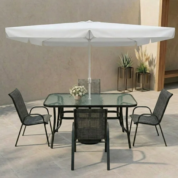Set tavolo da giardino 150x90cm in vetro temperato + 4 sedie nero antracite + ombrellone Lumox