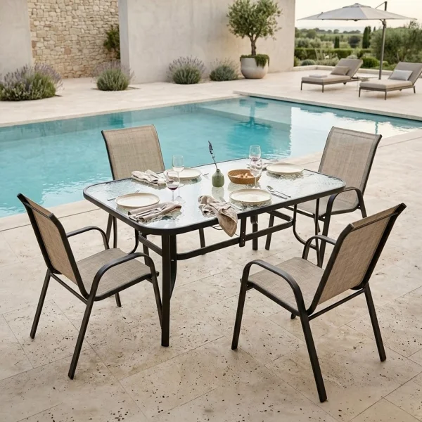 Set tavolo da giardino 150x90cm in vetro temperato + 4 sedie nero beige Lumox