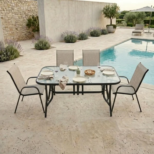 Set tavolo da giardino 150x90cm in vetro temperato + 4 sedie nero beige Lumox