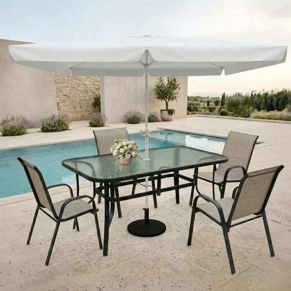 Set tavolo da giardino 150x90cm in vetro temperato + 4 sedie nero beige + ombrellone Lumox
