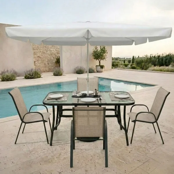Set tavolo da giardino 150x90cm in vetro temperato + 4 sedie nero beige + ombrellone Lumox