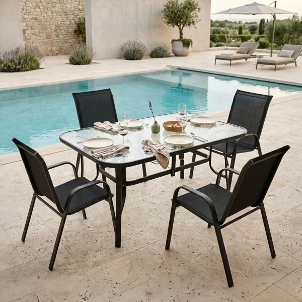 Set tavolo da giardino 150x90cm in vetro temperato + 4 sedie nero Lumox