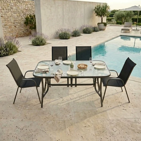 Set tavolo da giardino 150x90cm in vetro temperato + 4 sedie nero Lumox