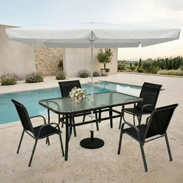 Set tavolo da giardino 150x90cm in vetro temperato + 4 sedie nero + ombrellone Lumox