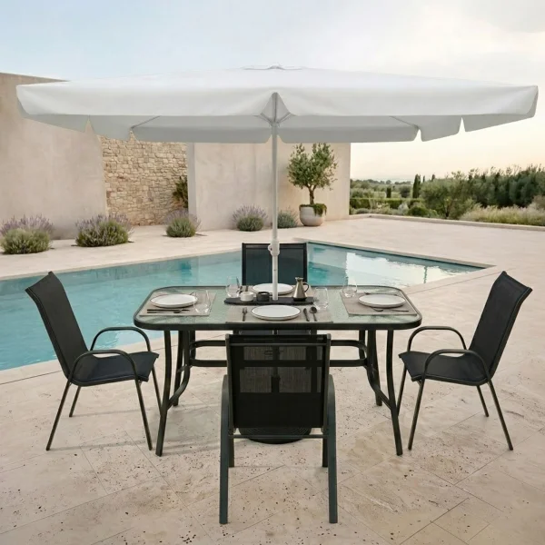 Set tavolo da giardino 150x90cm in vetro temperato + 4 sedie nero + ombrellone Lumox