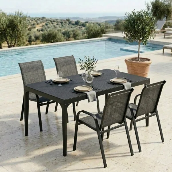 Set tavolo da giardino 150x90cm polipropilene antracite + 4 sedie impilabili in metallo nero e texilene antracite melange Nava