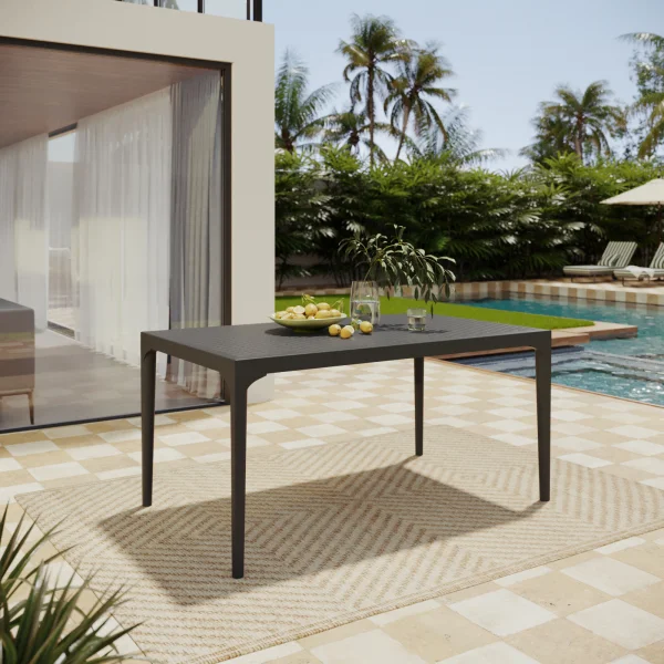 Set tavolo da giardino 150x90cm polipropilene antracite + 4 sedie impilabili in metallo nero e texilene beige Nava
