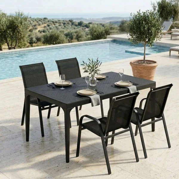 Set tavolo da giardino 150x90cm polipropilene antracite + 4 sedie impilabili in metallo texilene nero Nava