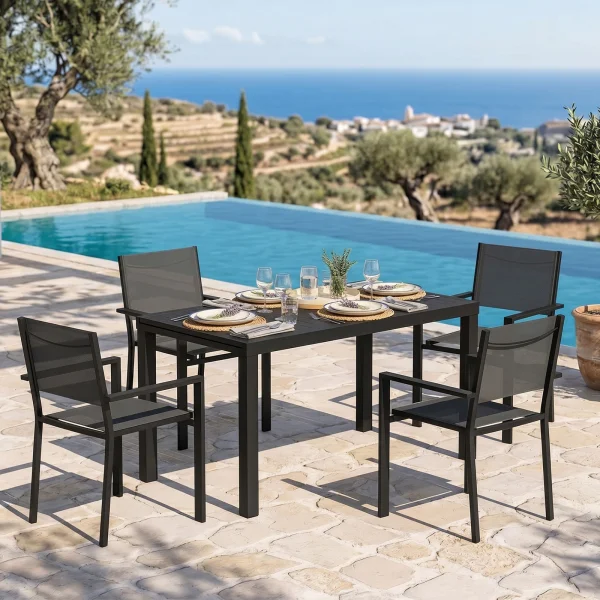 Set tavolo da giardino allungabile 140/210cm antracite + 4 sedie con braccioli quadrati antracite Brezza