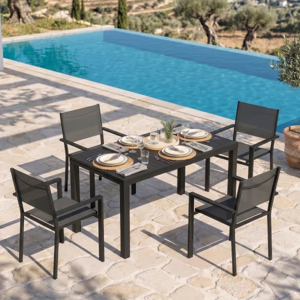 Set tavolo da giardino allungabile 140/210cm antracite + 4 sedie con braccioli quadrati antracite Brezza