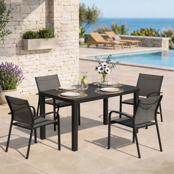 Set tavolo da giardino allungabile 140/210cm antracite + 4 sedie con braccioli tondi antracite Brezza