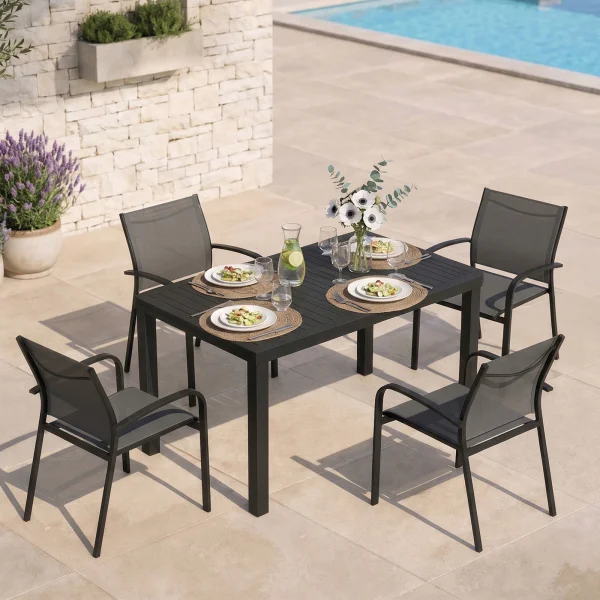 Set tavolo da giardino allungabile 140/210cm antracite + 4 sedie con braccioli tondi antracite Brezza