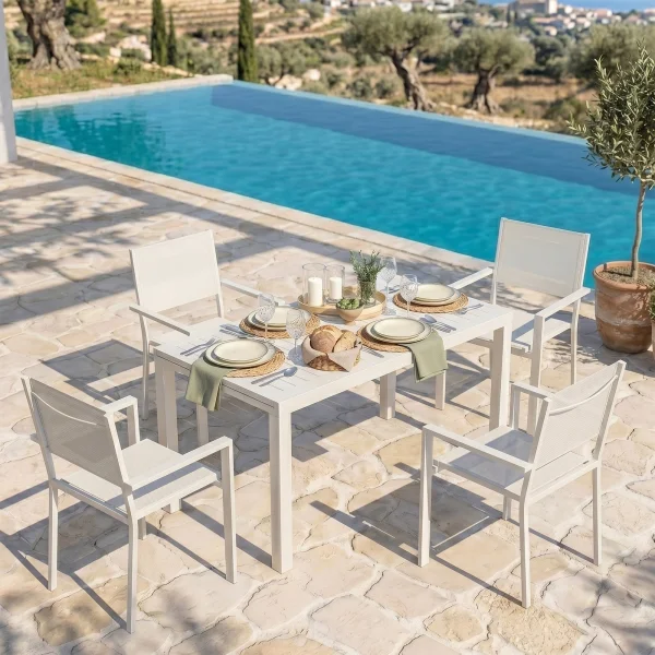 Set tavolo da giardino allungabile 140/210cm bianco + 4 sedie con braccioli quadrati bianco Brezza